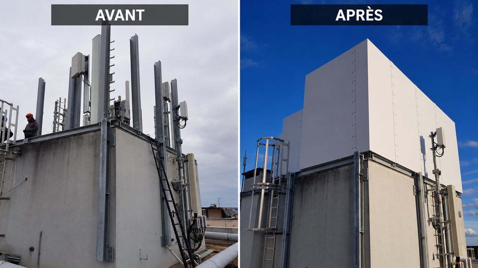 Zone technique en toiture avant et après la pose du bardage composite