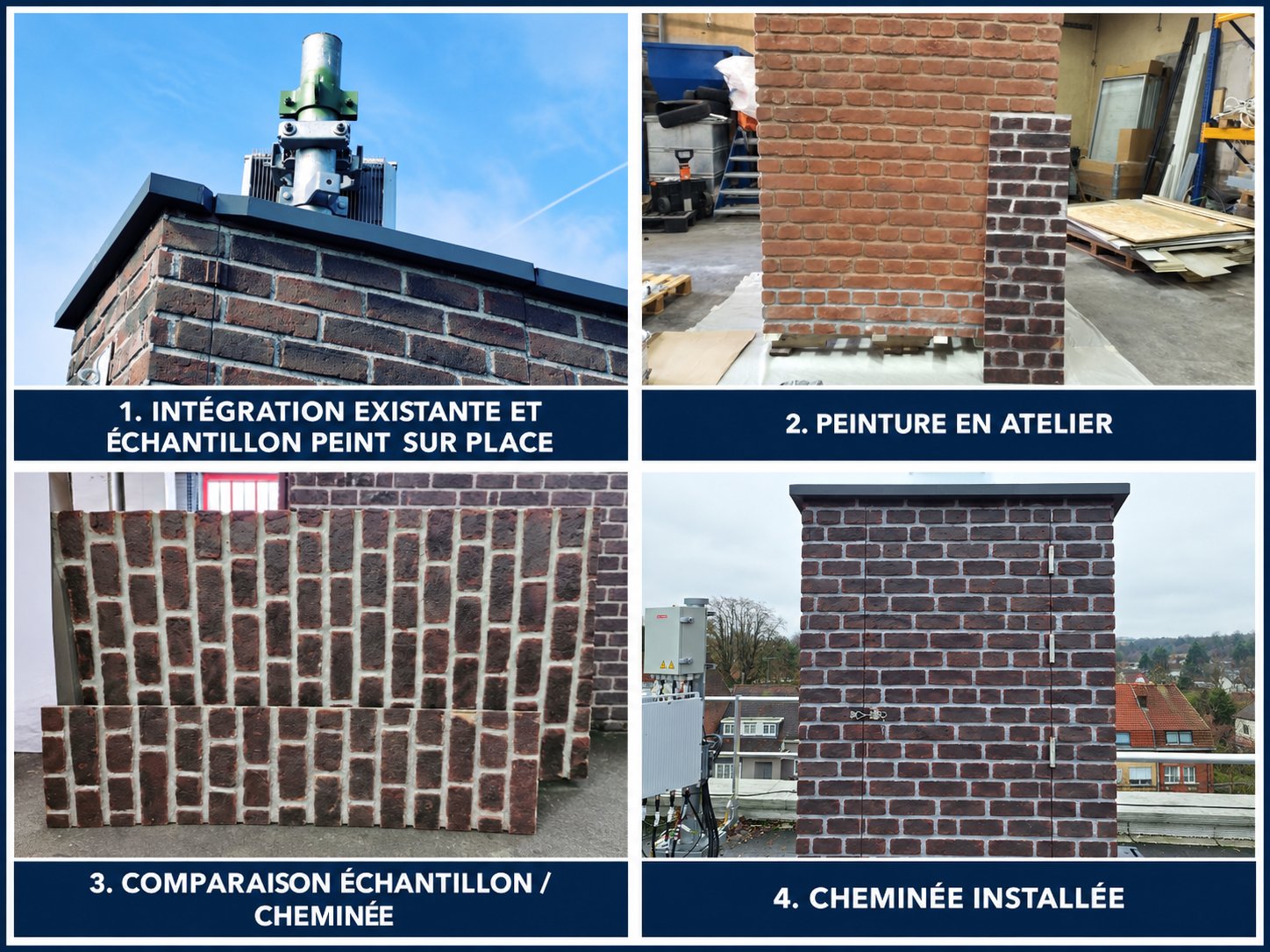 Étapes de réalisation d’une fausse cheminée composite en finition brique : intégration existante, peinture en atelier, comparaison avec l’échantillon et cheminée installée